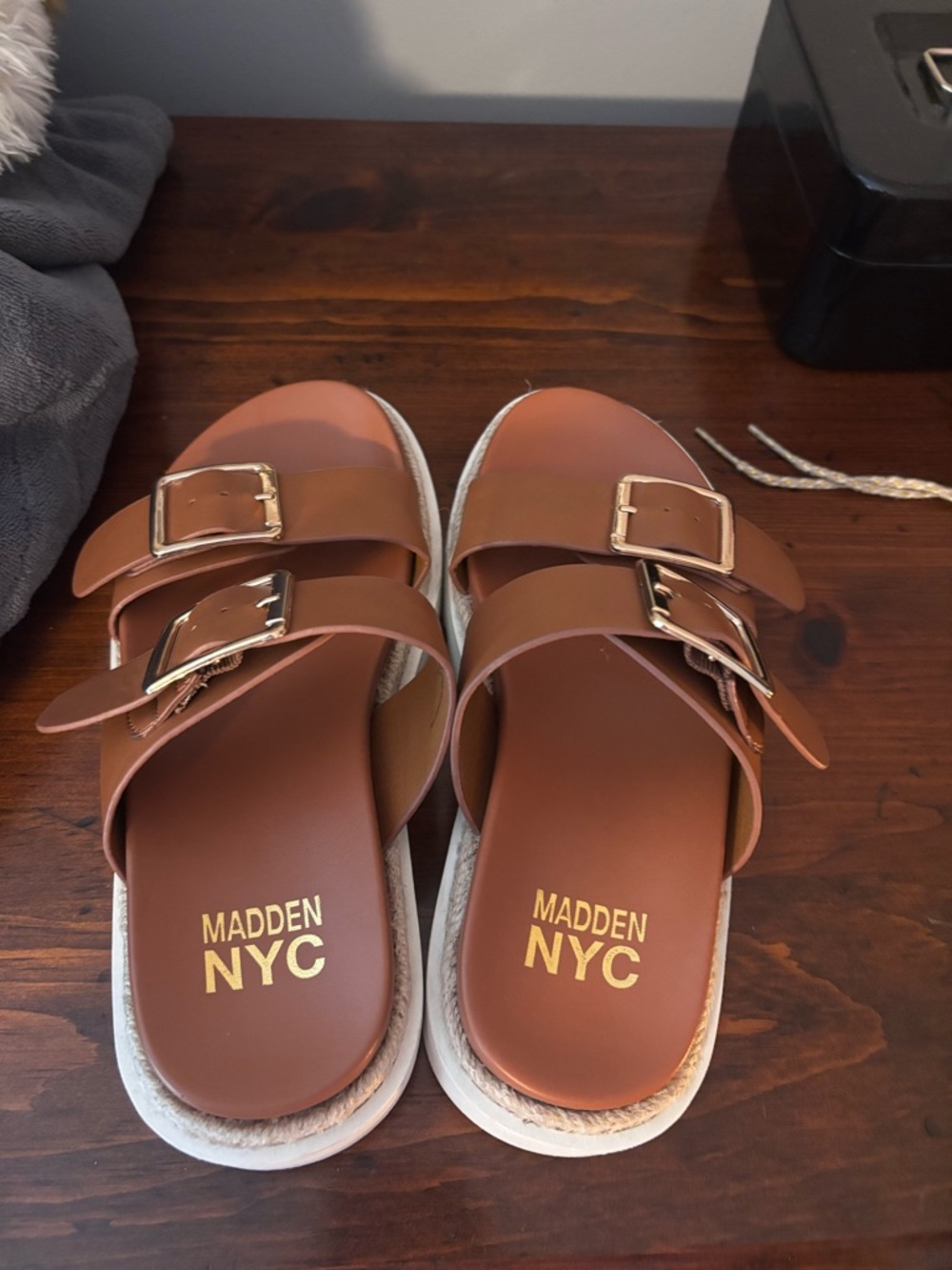 Madden NYC Brown Double Buckle Slide Sandals
